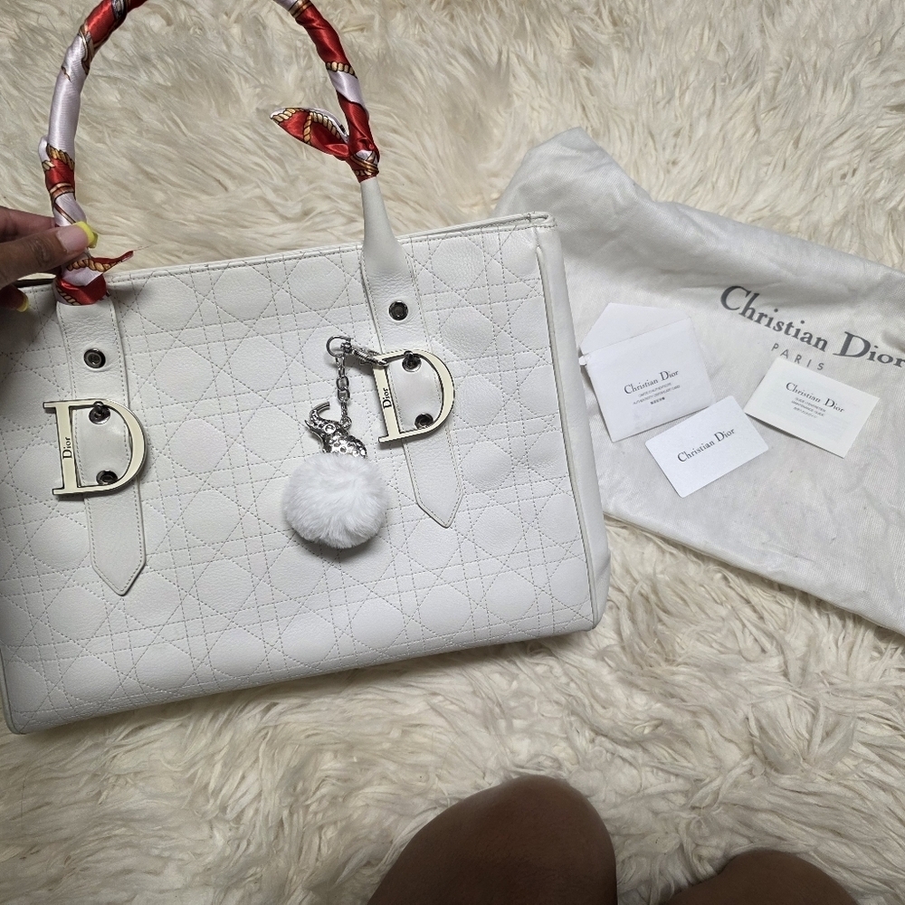 Dior White Quilted Tote with Red Handle Accents